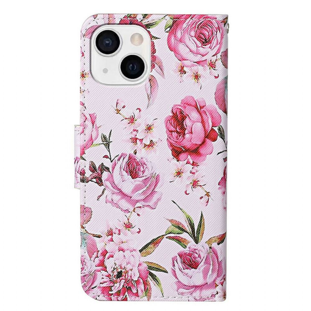 Flip Case Für iPhone 13 Meisterhafte Blumen Mit Riemen