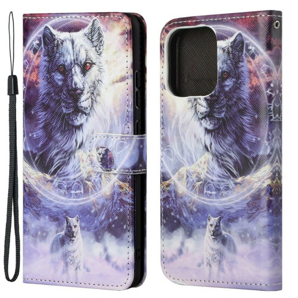 Lederhüllen Für iPhone 13 Wolf Im Winter Mit Lanyard