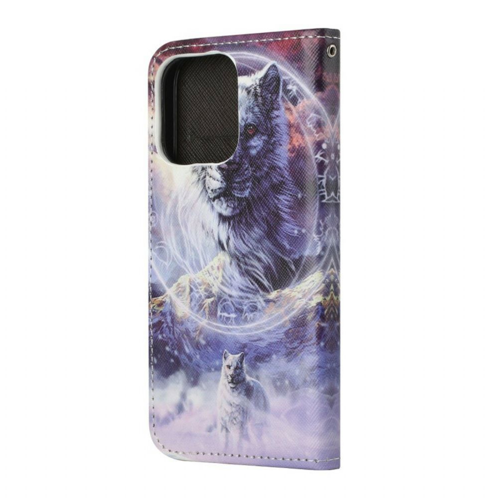 Lederhüllen Für iPhone 13 Wolf Im Winter Mit Lanyard