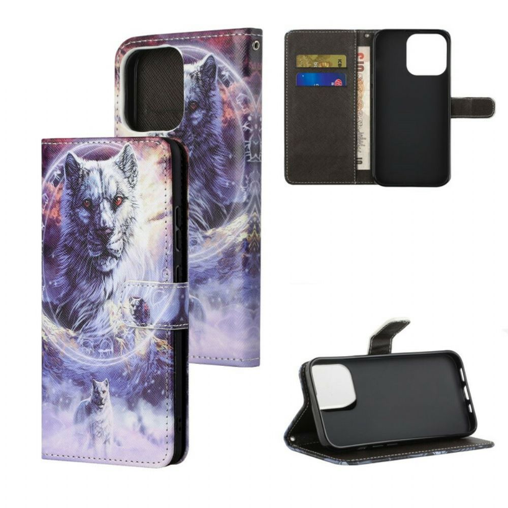 Lederhüllen Für iPhone 13 Wolf Im Winter Mit Lanyard