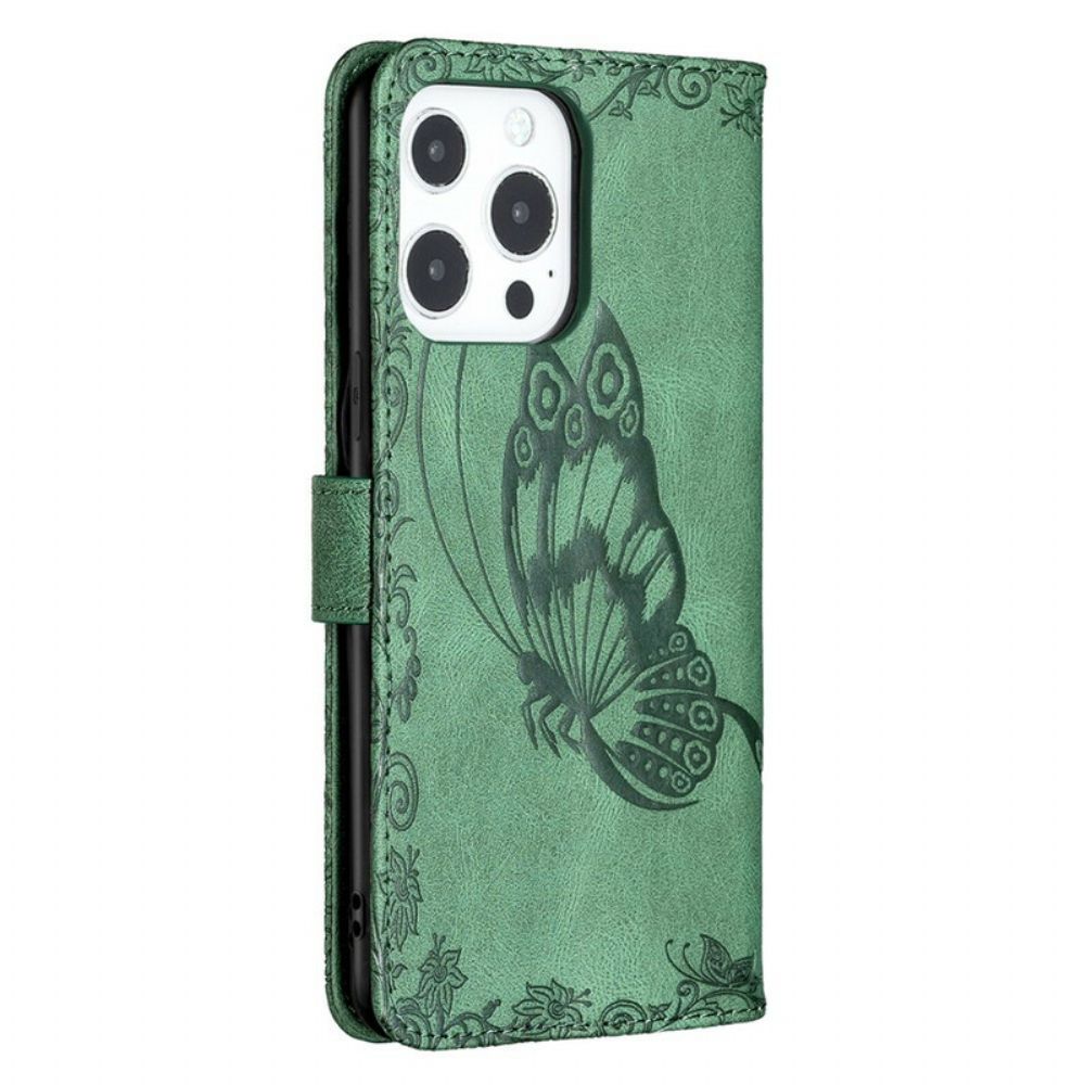 Flip Case Für iPhone 13 Pro Max Mit Kordel Barocker Riemchenschmetterling