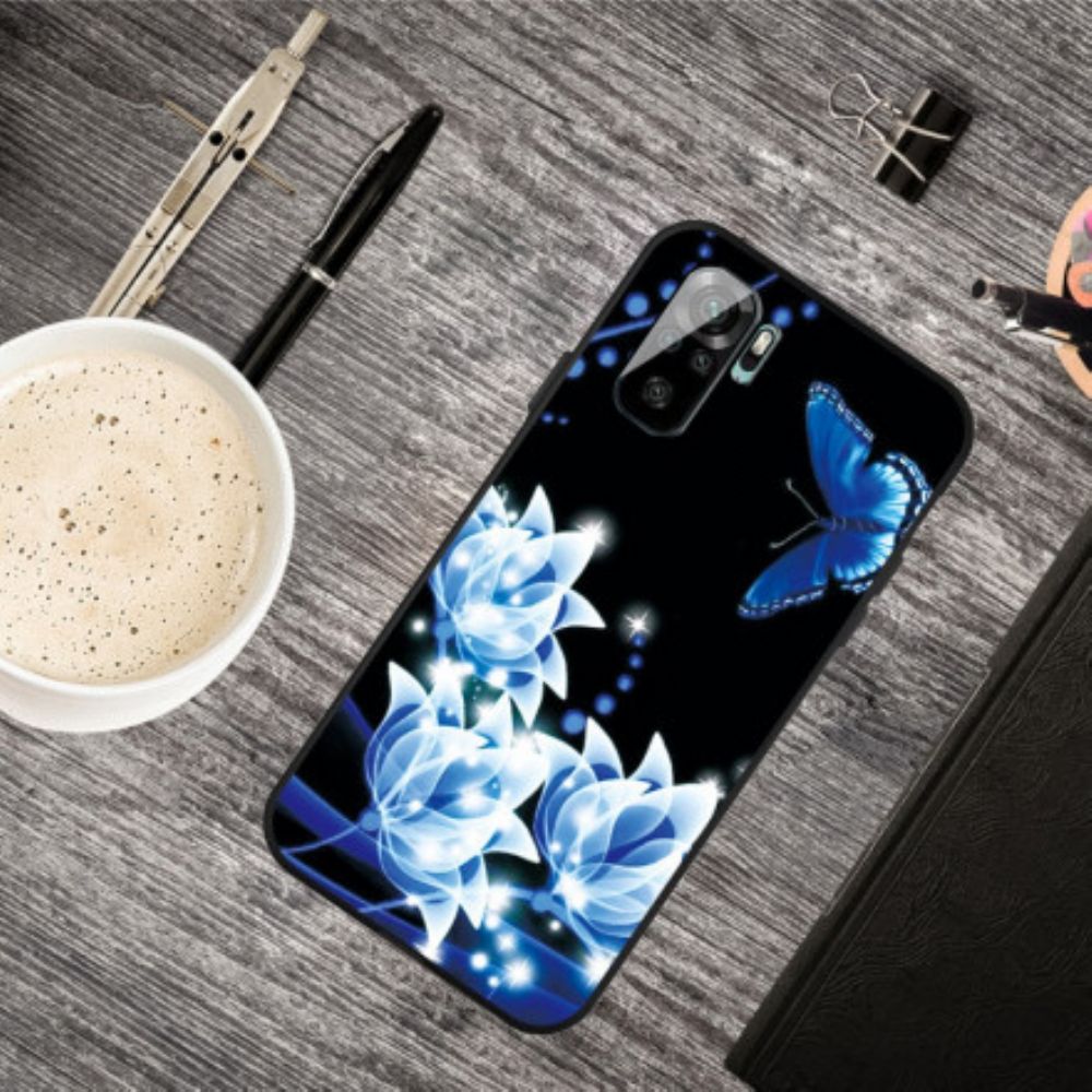 Hülle Für Xiaomi Redmi Note 10 / 10S Schmetterling Und Blaue Blumen