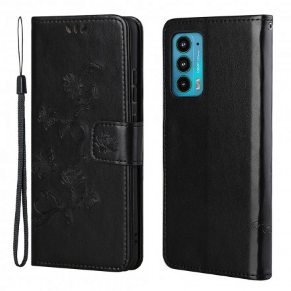 Flip Case Für Motorola Edge 20 Mit Kordel Tanga Schmetterlinge Und Blumen