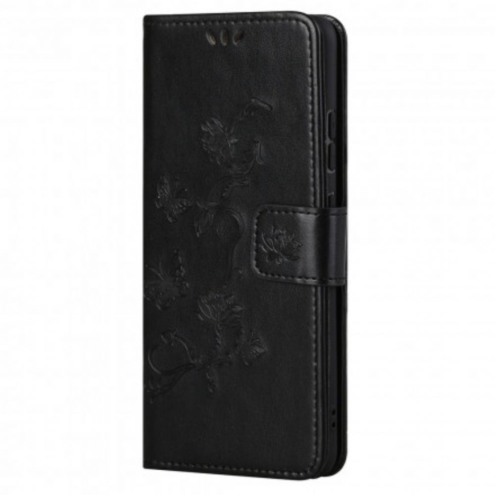 Flip Case Für Motorola Edge 20 Mit Kordel Tanga Schmetterlinge Und Blumen