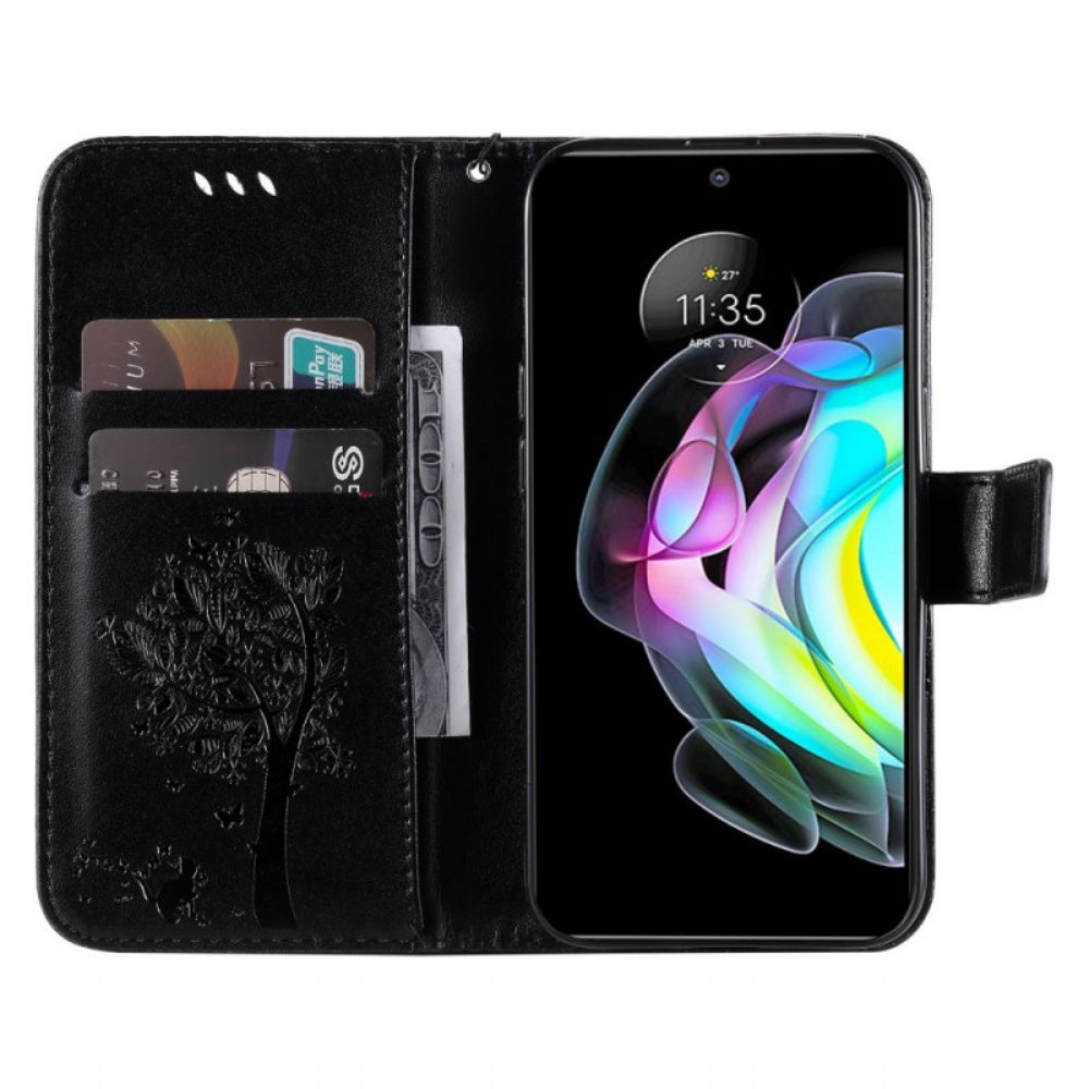 Lederhüllen Für Motorola Edge 20 Mit Kordel Baum Und Riemchenkatze