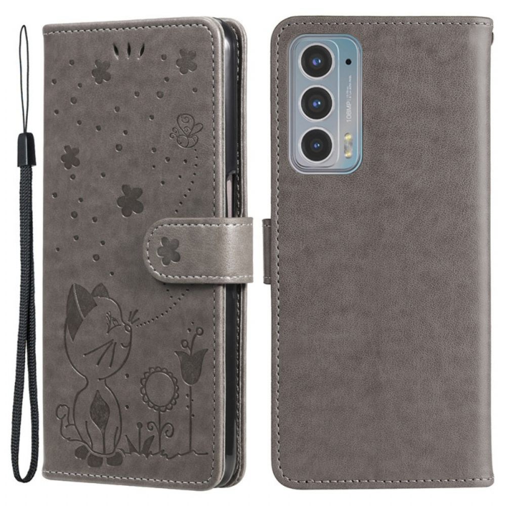 Lederhüllen Für Motorola Edge 20 Mit Kordel Katze Und Biene Mit Riemen