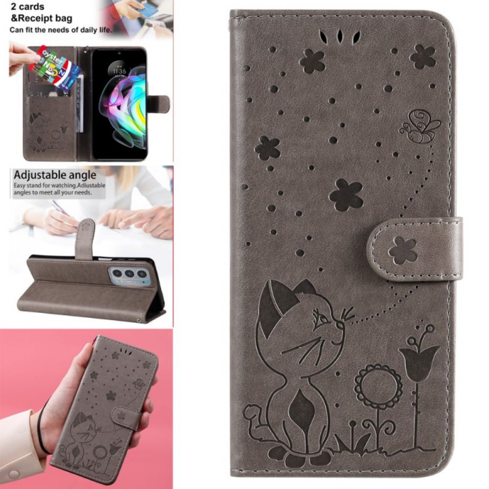 Lederhüllen Für Motorola Edge 20 Mit Kordel Katze Und Biene Mit Riemen