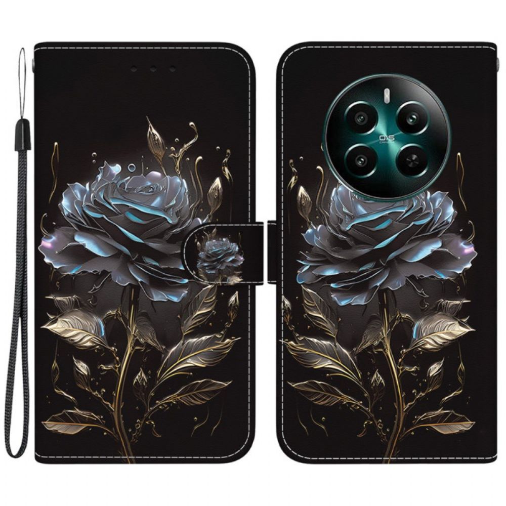 Lederhüllen Realme 12 Plus 5g Schwarze Rose Mit Riemen