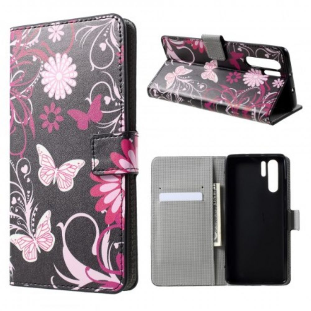 Flip Case Für Huawei P30 Pro Schmetterlinge Und Blumen