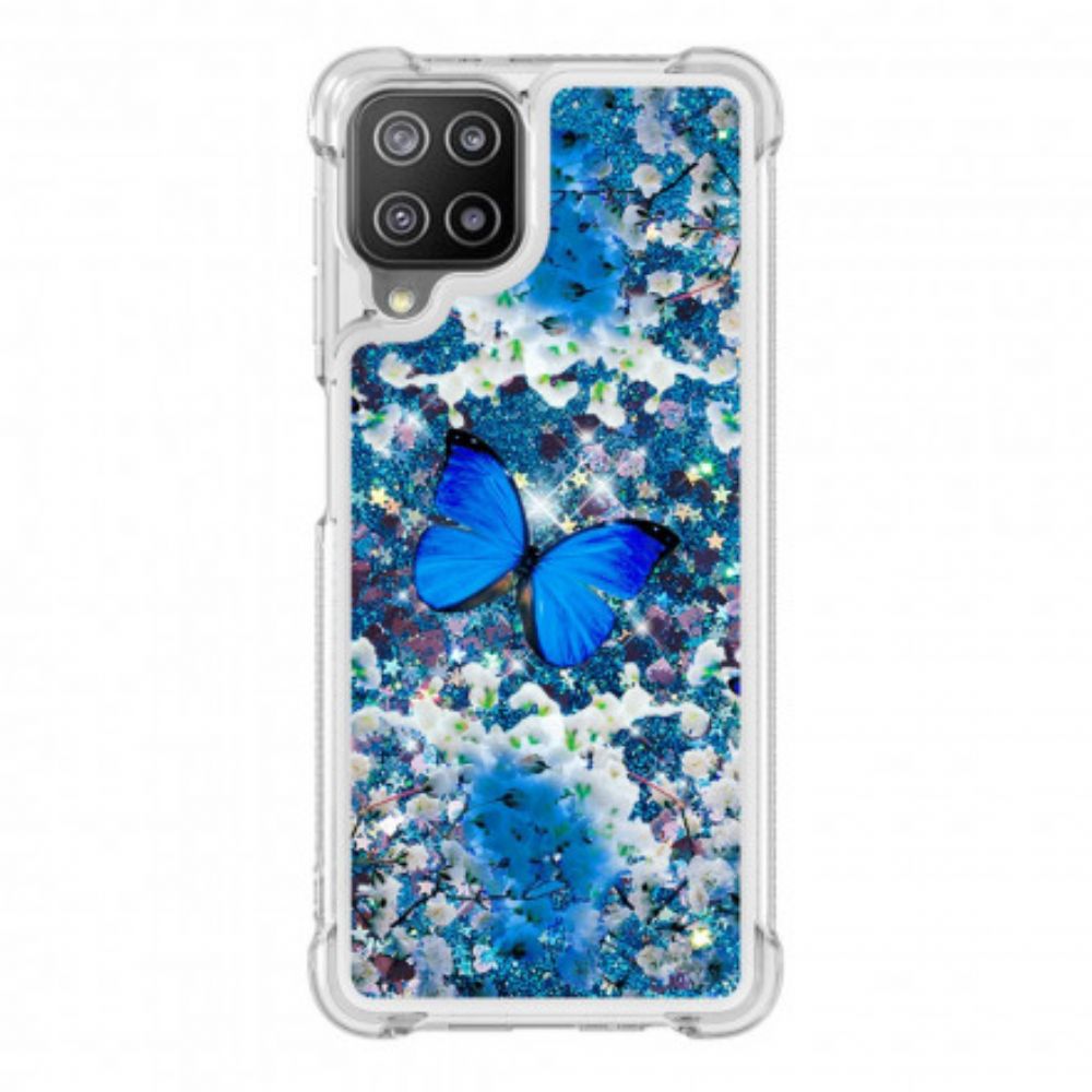 Handyhülle Für Samsung Galaxy A22 4G Blaue Glitzerschmetterlinge