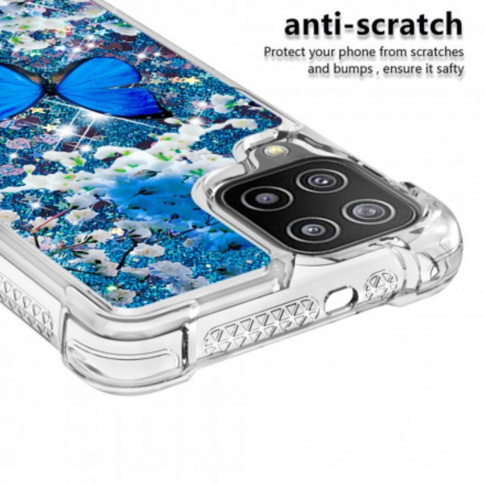 Handyhülle Für Samsung Galaxy A22 4G Blaue Glitzerschmetterlinge