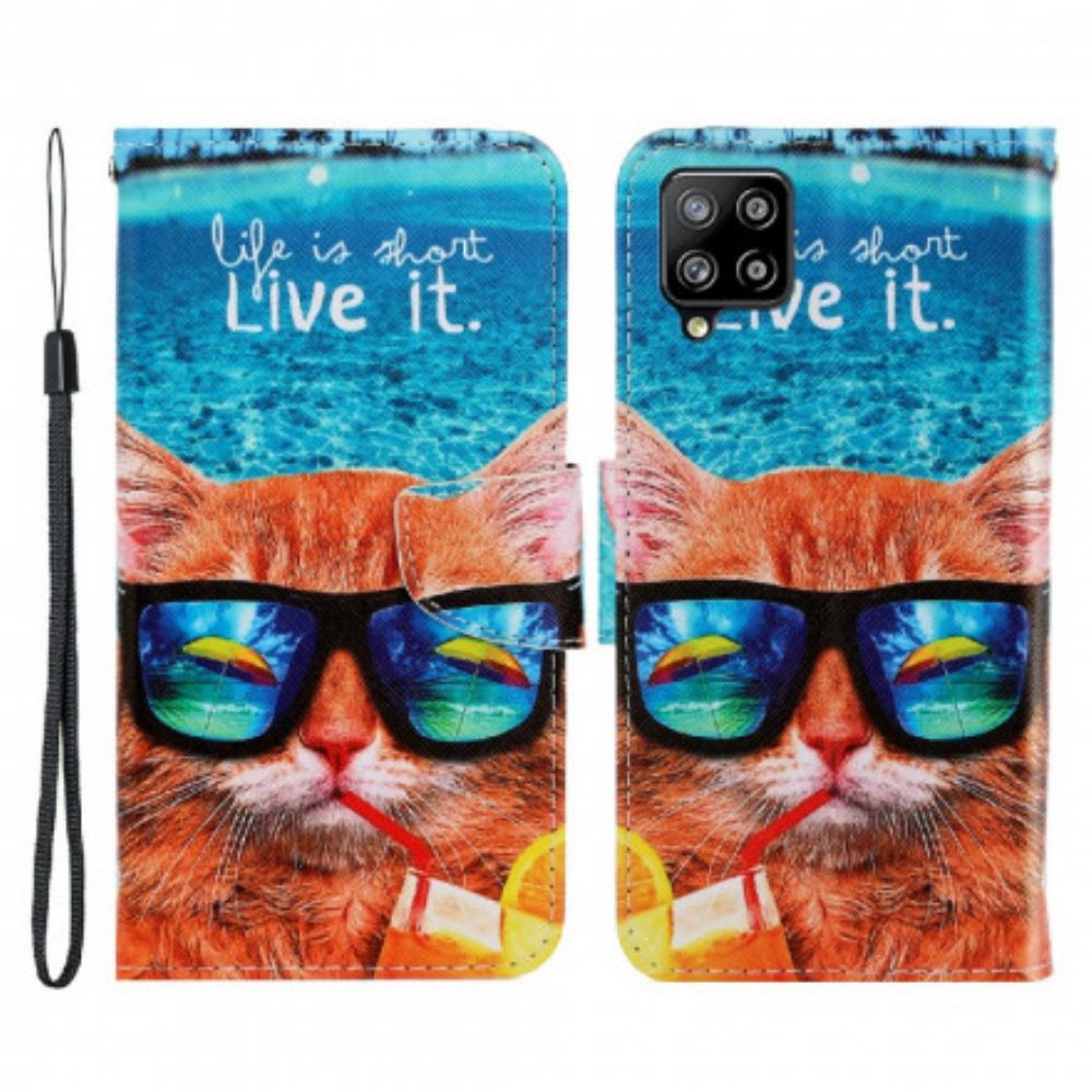 Lederhüllen Für Samsung Galaxy A22 4G Mit Kordel Katze Lebt Es Riemchen
