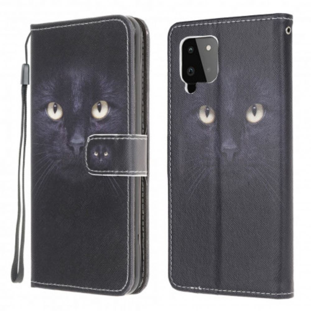 Lederhüllen Für Samsung Galaxy A22 4G Mit Kordel Schwarze Katzenaugen Mit Riemen