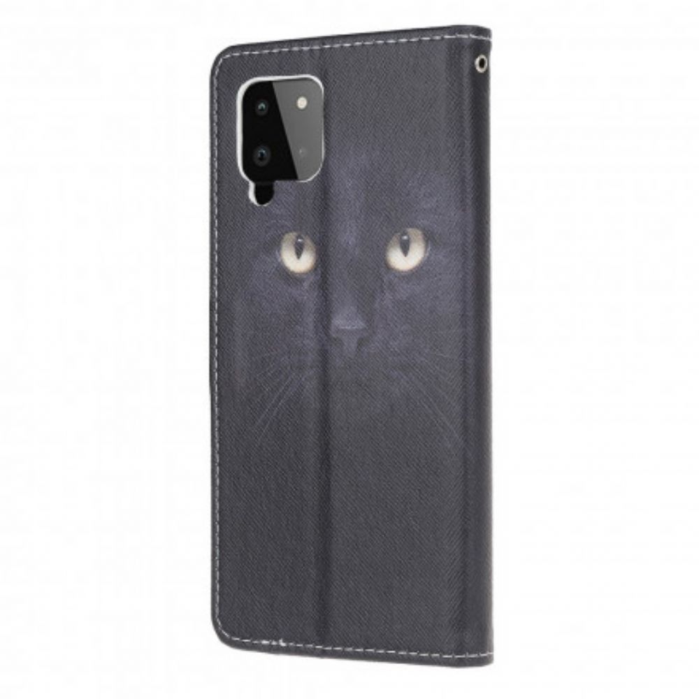 Lederhüllen Für Samsung Galaxy A22 4G Mit Kordel Schwarze Katzenaugen Mit Riemen