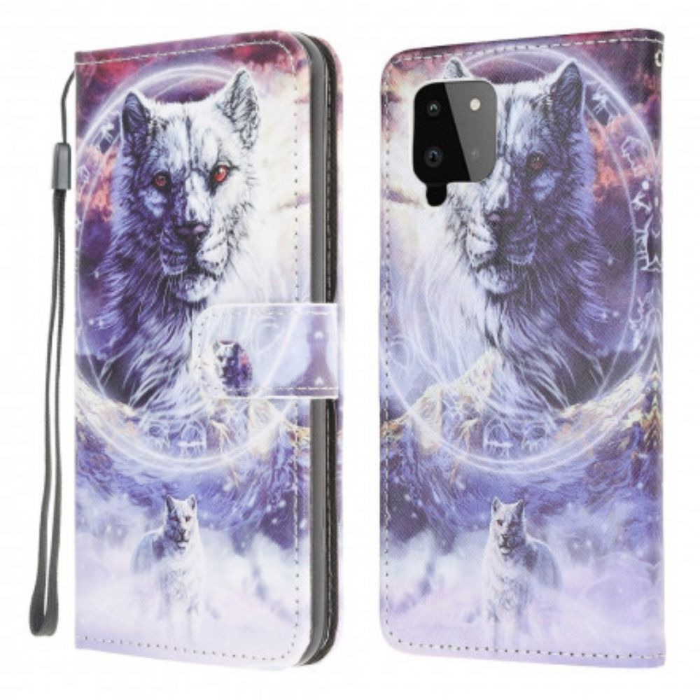 Lederhüllen Für Samsung Galaxy A22 4G Winterwolf Mit Lanyard