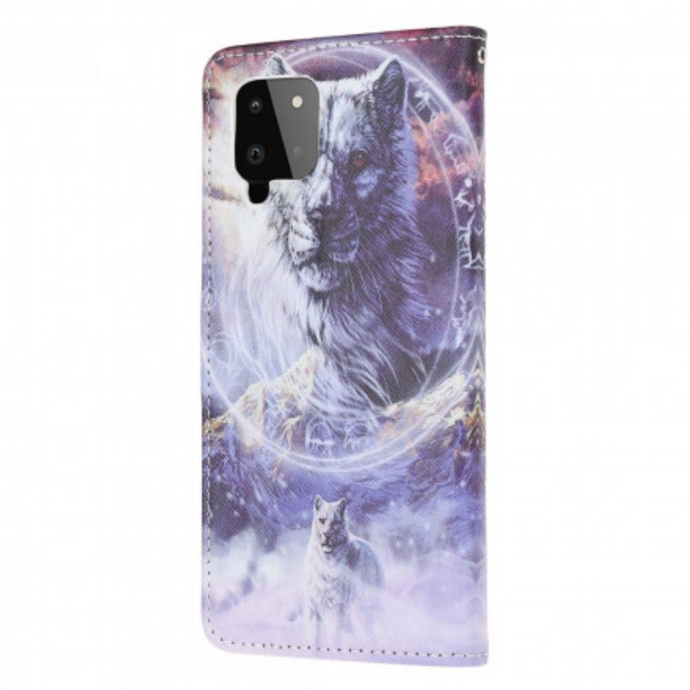 Lederhüllen Für Samsung Galaxy A22 4G Winterwolf Mit Lanyard