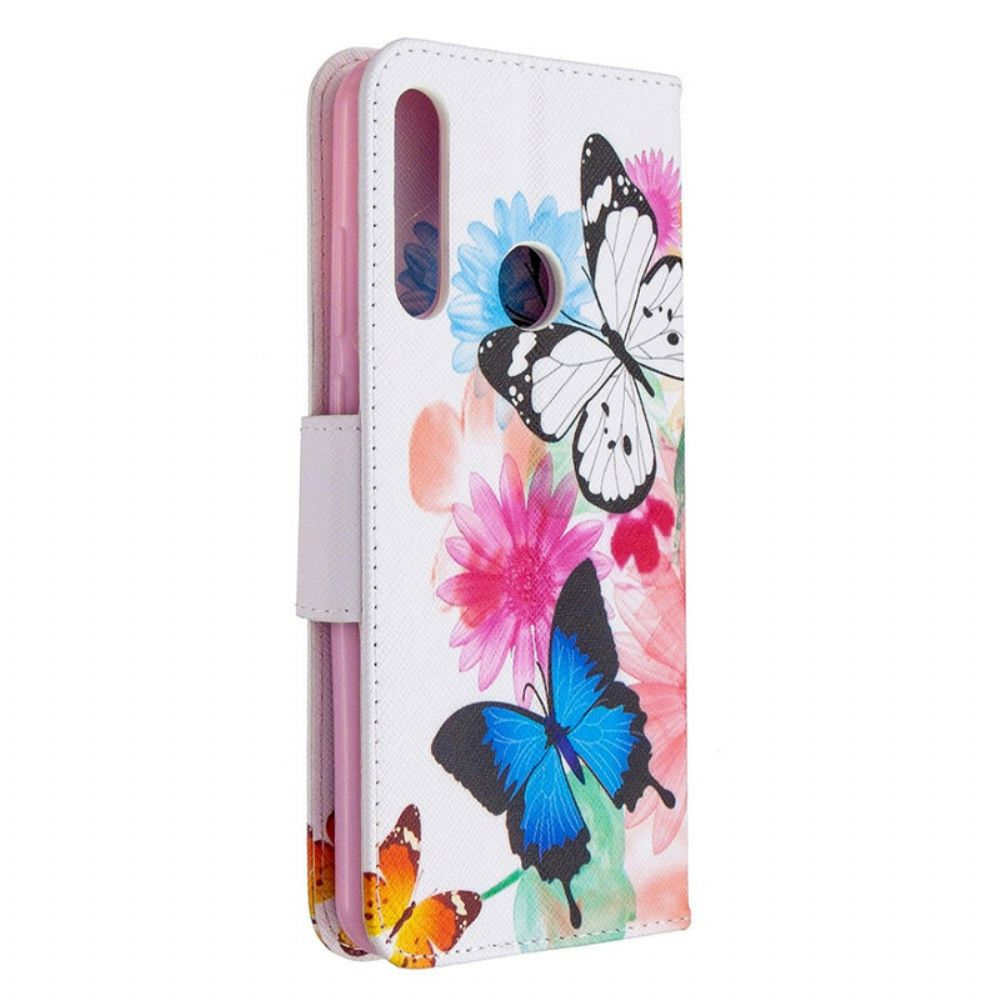 Flip Case Für Huawei Y6p Gemalte Schmetterlinge Und Blumen