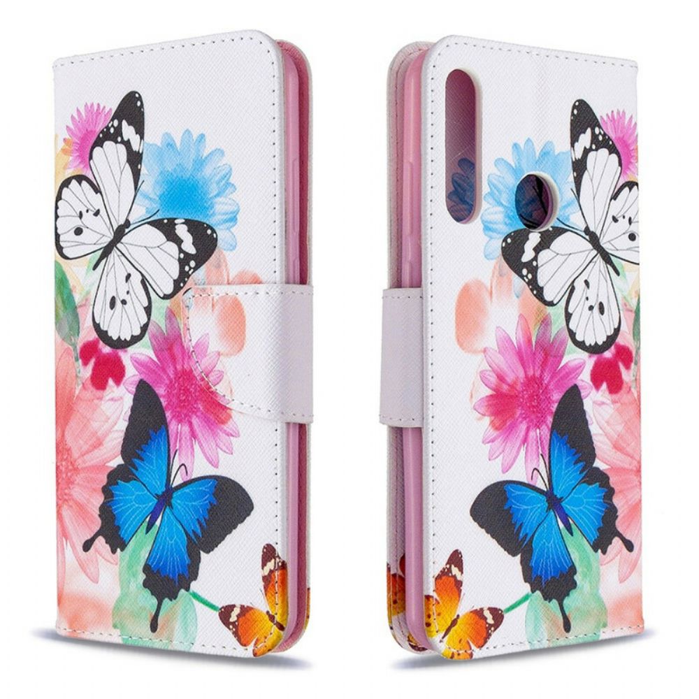 Flip Case Für Huawei Y6p Gemalte Schmetterlinge Und Blumen