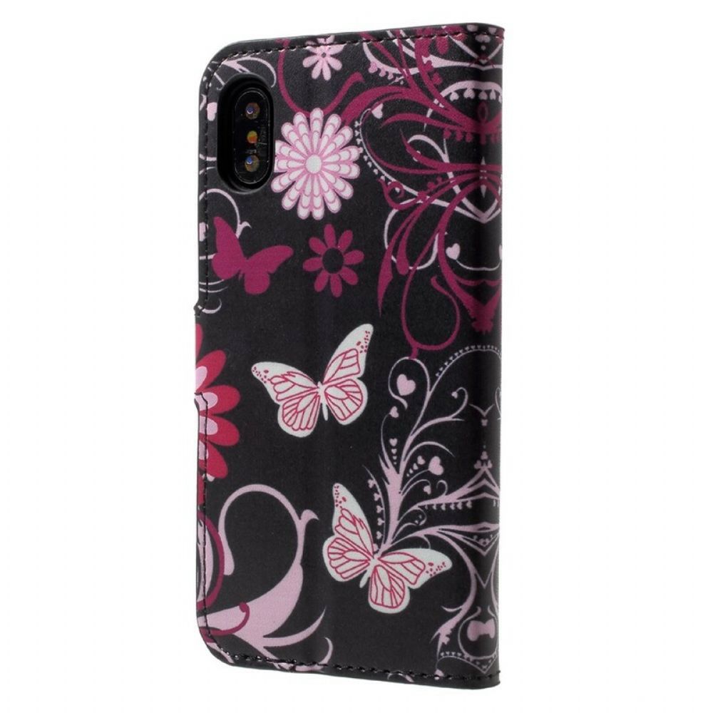 Flip Case Für iPhone X / XS Schmetterlinge Und Blumen