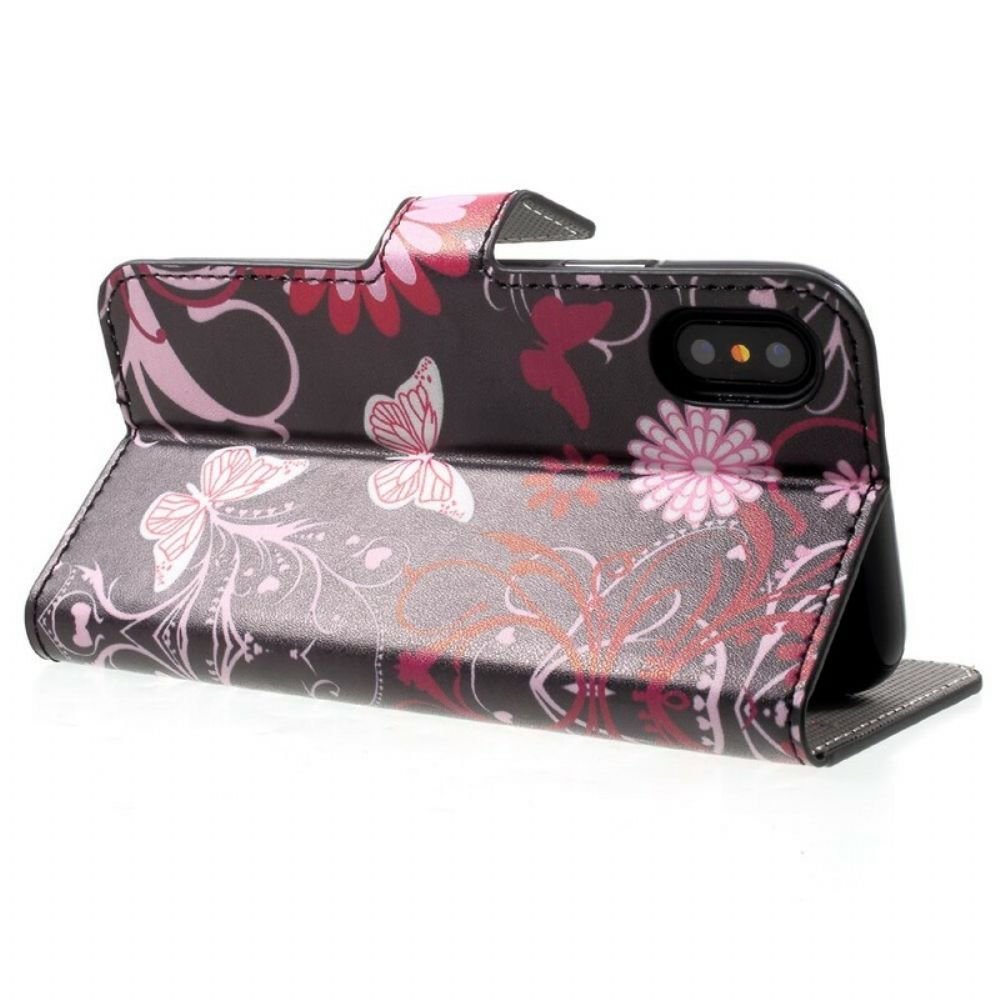 Flip Case Für iPhone X / XS Schmetterlinge Und Blumen