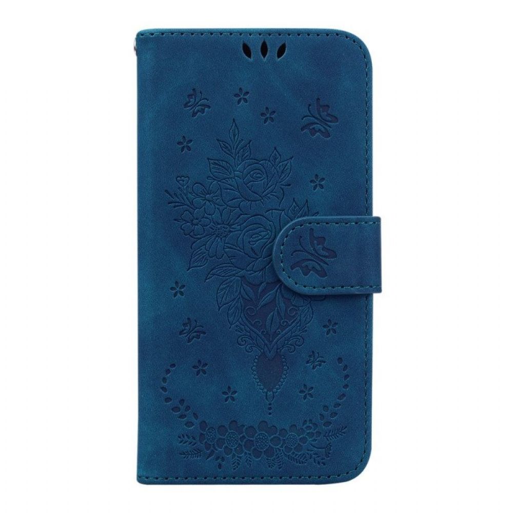 Flip Case Für Samsung Galaxy A14 / A14 5G Mit Kordel Riemchenrosen Und Schmetterlinge