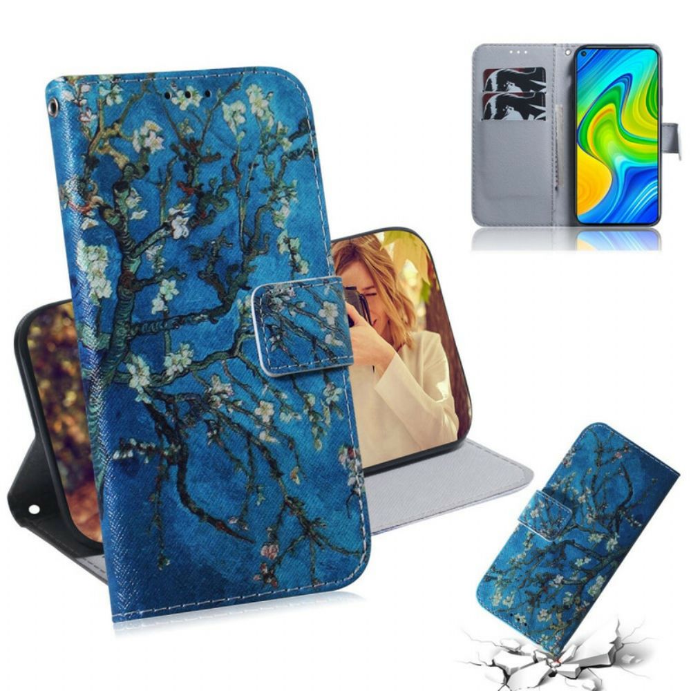 Lederhüllen Für Xiaomi Redmi Note 9 Blühender Baum Blauer Hintergrund