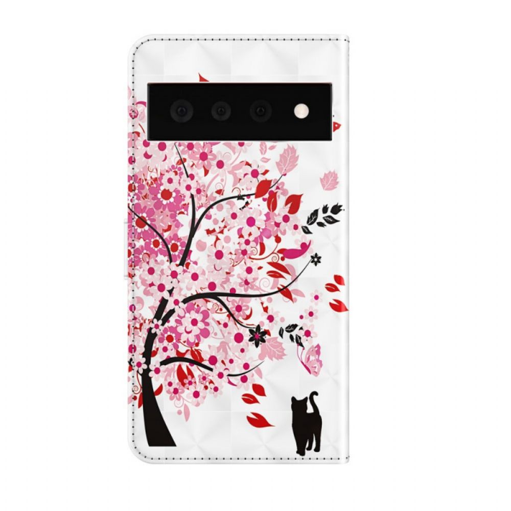 Flip Case Für Google Pixel 6 Pro Rosa Baum Und Schwarze Katze