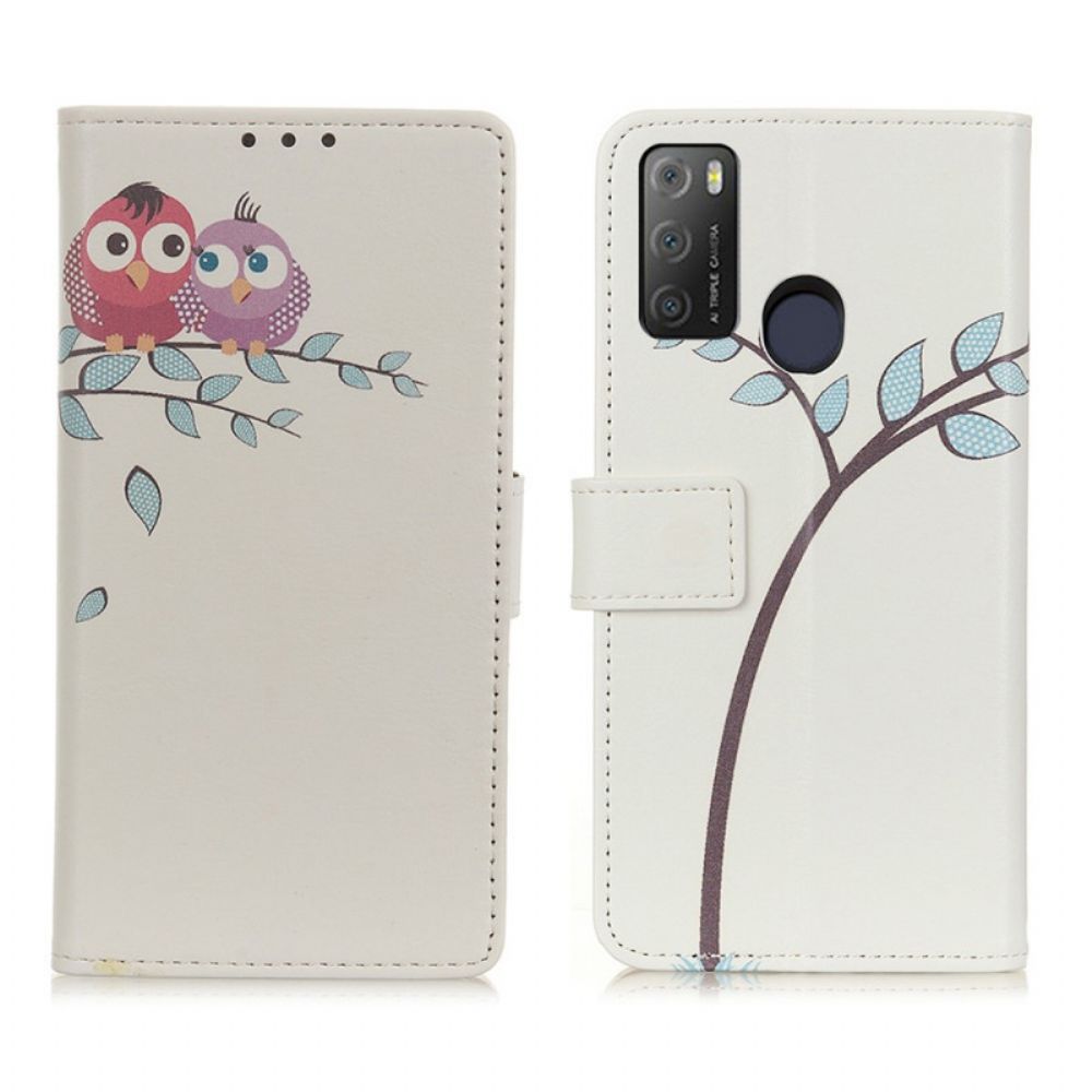 Lederhüllen Für Alcatel 1S / 3L (2024) Eulenpaar Auf Dem Baum
