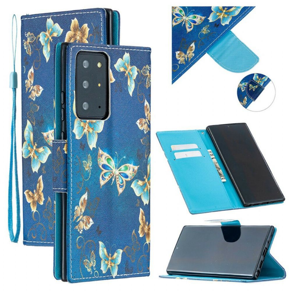 Lederhüllen Für Samsung Galaxy Note 20 Ultra Bunte Schmetterlinge Und Lanyard