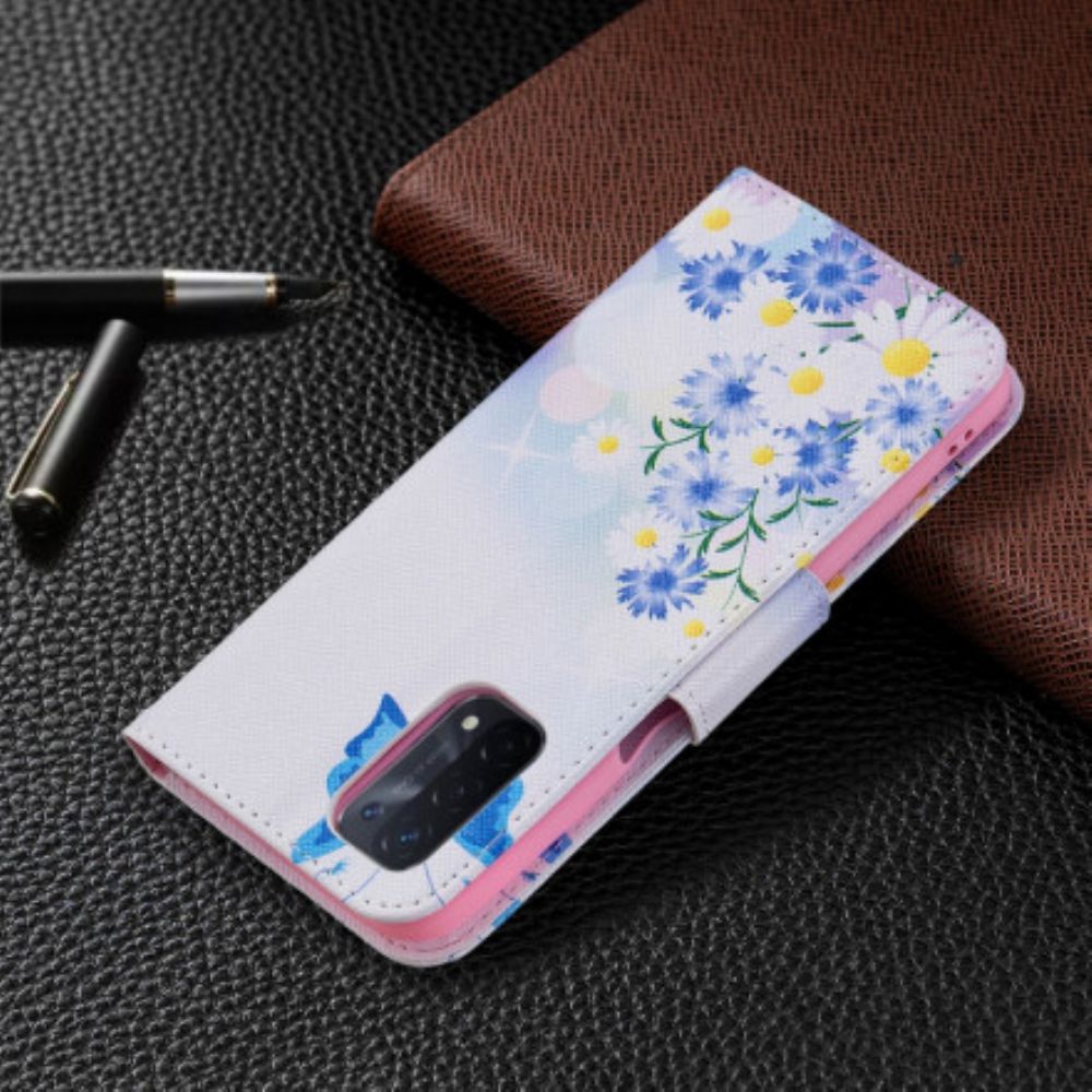 Lederhüllen Für Oppo A54 5G / A74 5G Gemalte Schmetterlinge Und Blumen