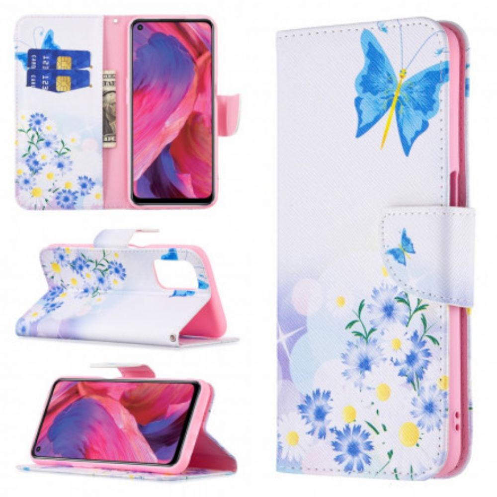Lederhüllen Für Oppo A54 5G / A74 5G Gemalte Schmetterlinge Und Blumen