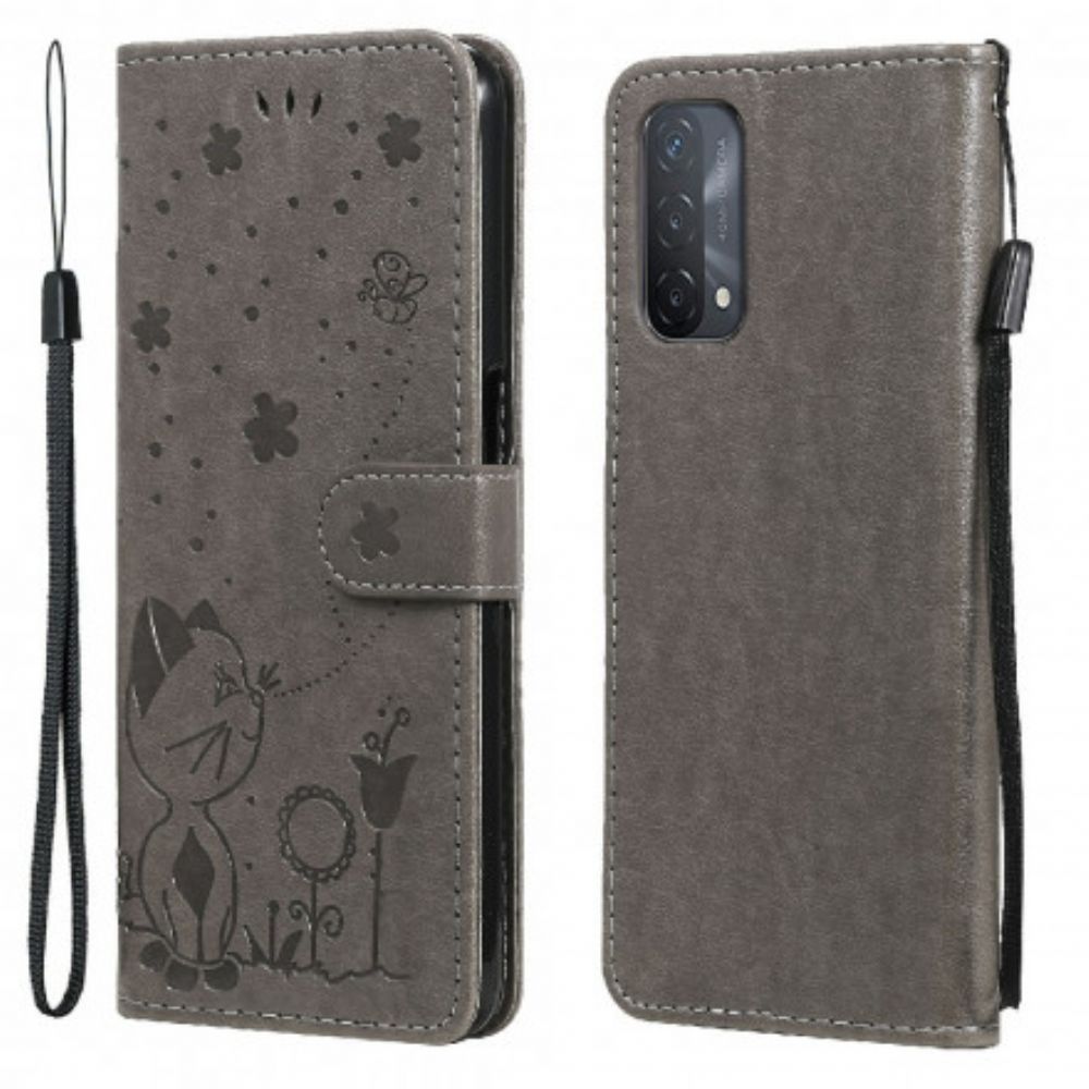 Lederhüllen Für Oppo A54 5G / A74 5G Mit Kordel Tanga Katze Und Biene