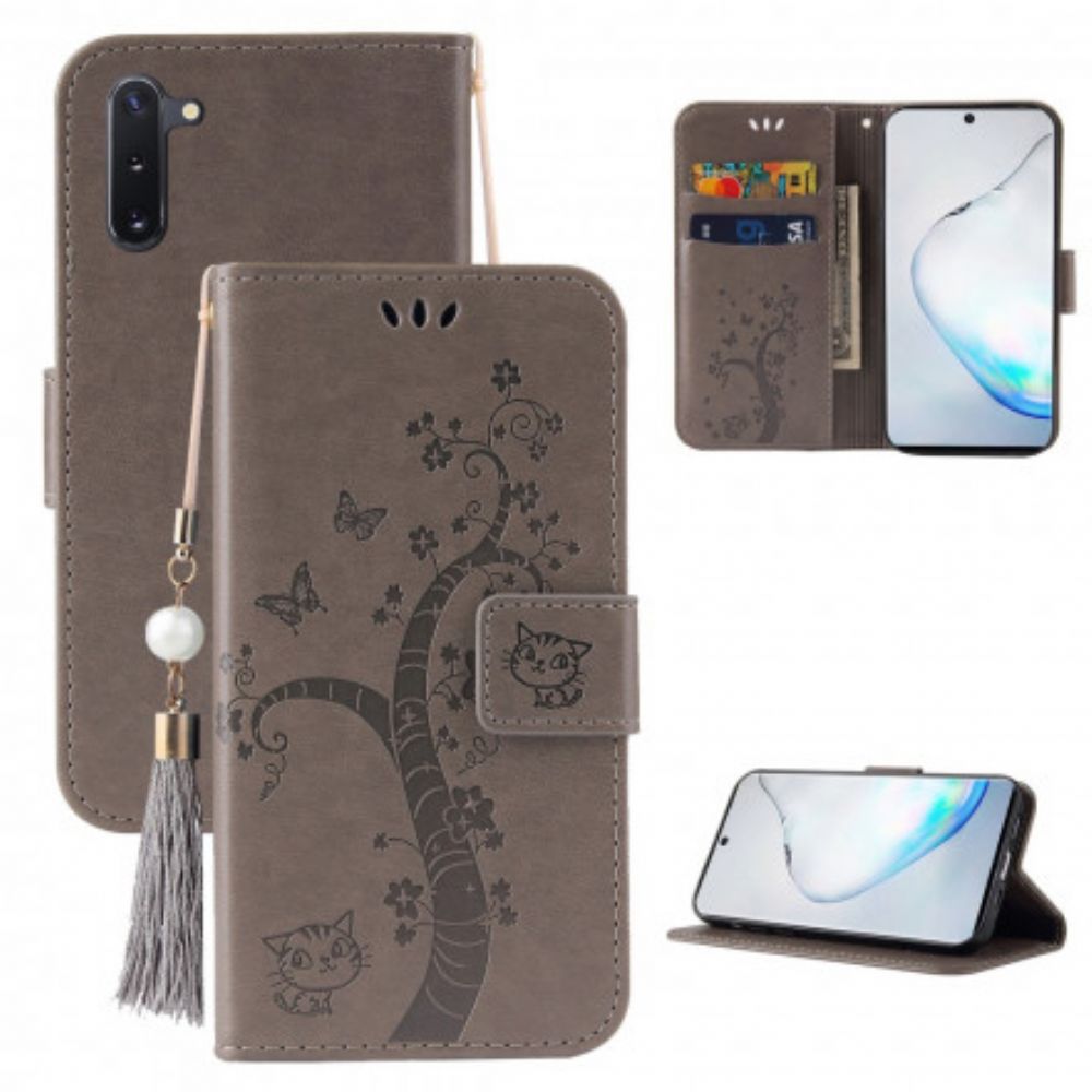 Flip Case Für OnePlus Nord Mit Kordel Baum Und Katze Mit Perle Am Riemen
