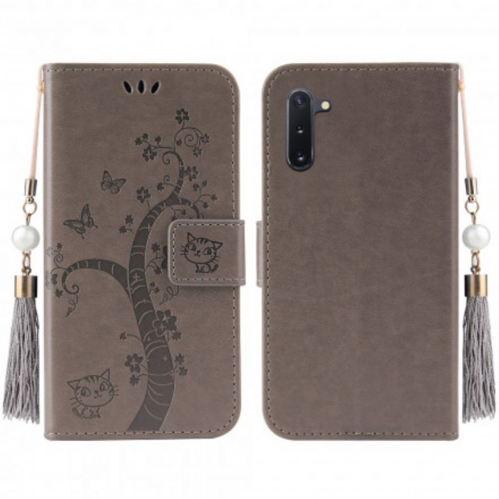 Flip Case Für OnePlus Nord Mit Kordel Baum Und Katze Mit Perle Am Riemen