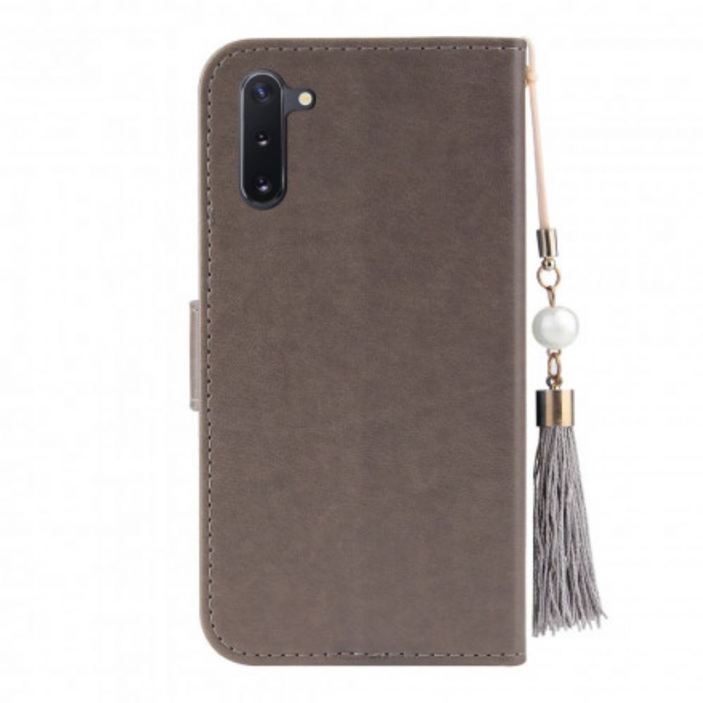 Flip Case Für OnePlus Nord Mit Kordel Baum Und Katze Mit Perle Am Riemen