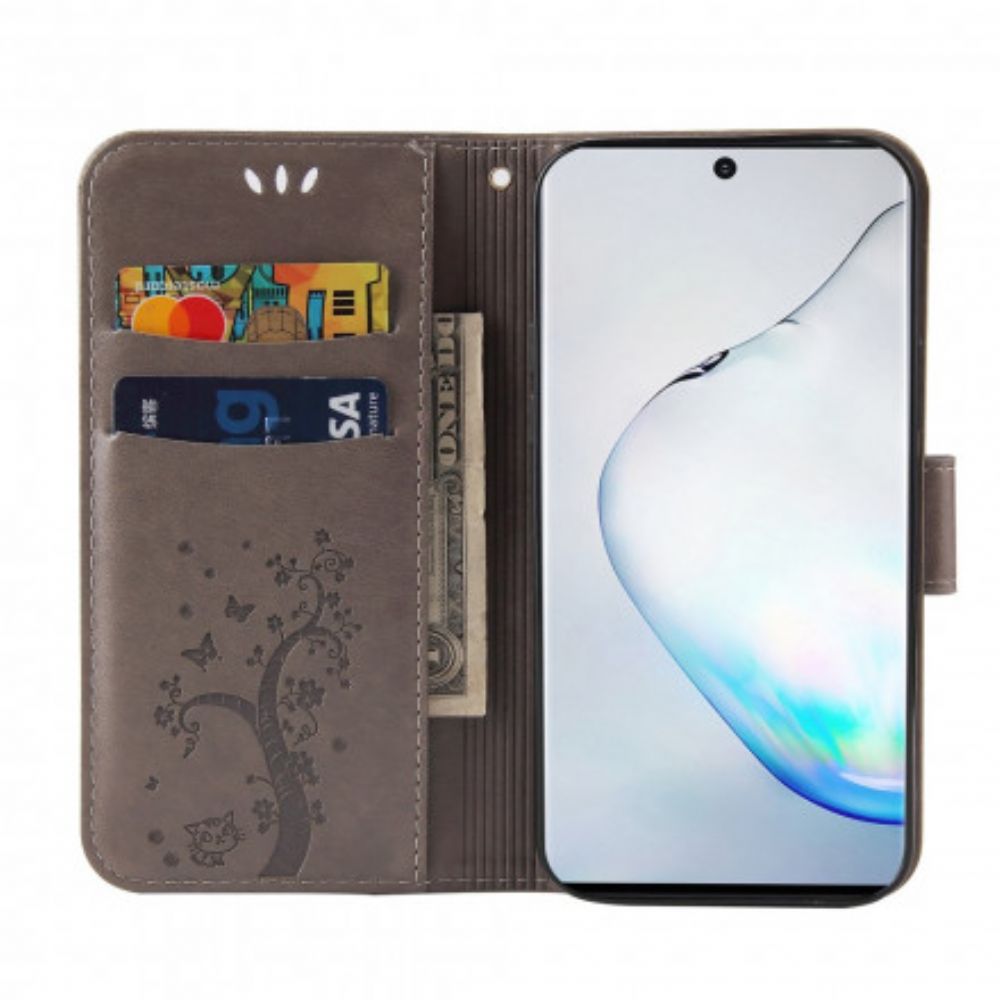Flip Case Für OnePlus Nord Mit Kordel Baum Und Katze Mit Perle Am Riemen