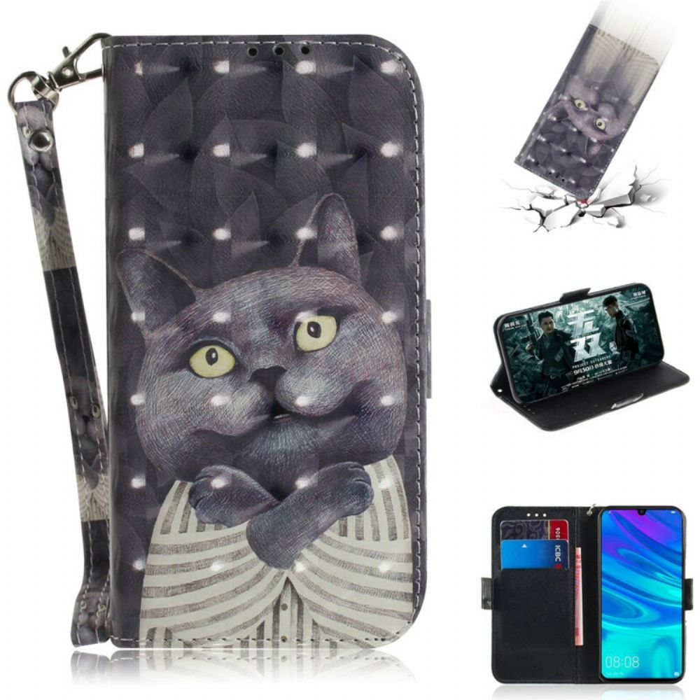 Lederhüllen Für Huawei P Smart 2024 / Honor 10 Lite Mit Kordel Graue Riemchenkatze