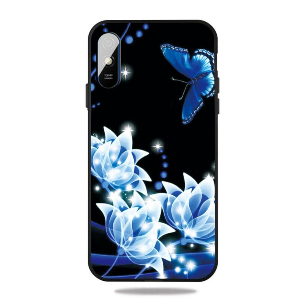 Hülle Für Xiaomi Redmi 9A Schmetterling Und Blaue Blumen