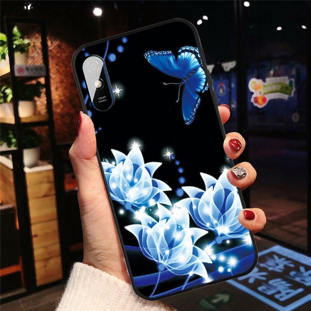 Hülle Für Xiaomi Redmi 9A Schmetterling Und Blaue Blumen