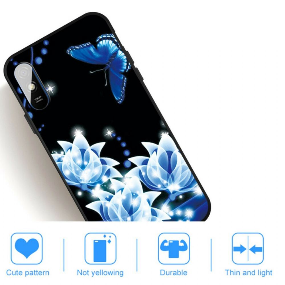 Hülle Für Xiaomi Redmi 9A Schmetterling Und Blaue Blumen