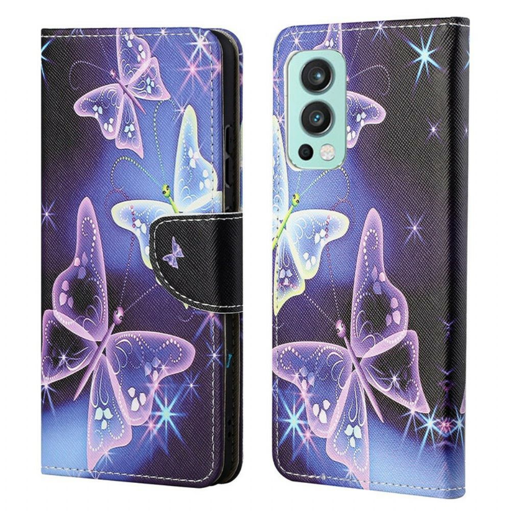 Flip Case Für OnePlus Nord 2 5G Neon-schmetterlinge