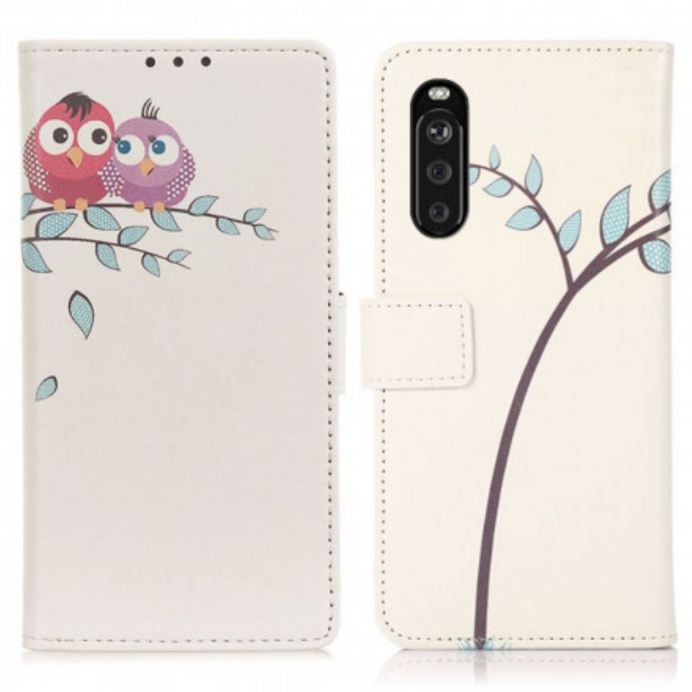 Lederhüllen Für Sony Xperia 10 III Eulenpaar Auf Dem Baum