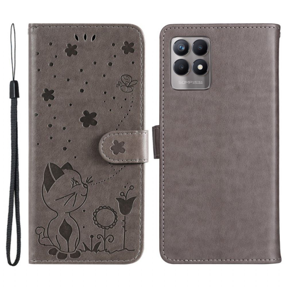 Flip Case Für Realme 8i Mit Kordel Tanga Katze Und Biene