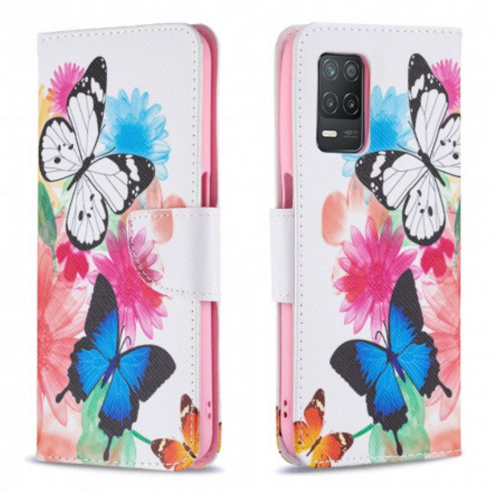 Lederhüllen Für Realme 8 5G Gemalte Schmetterlinge Und Blumen