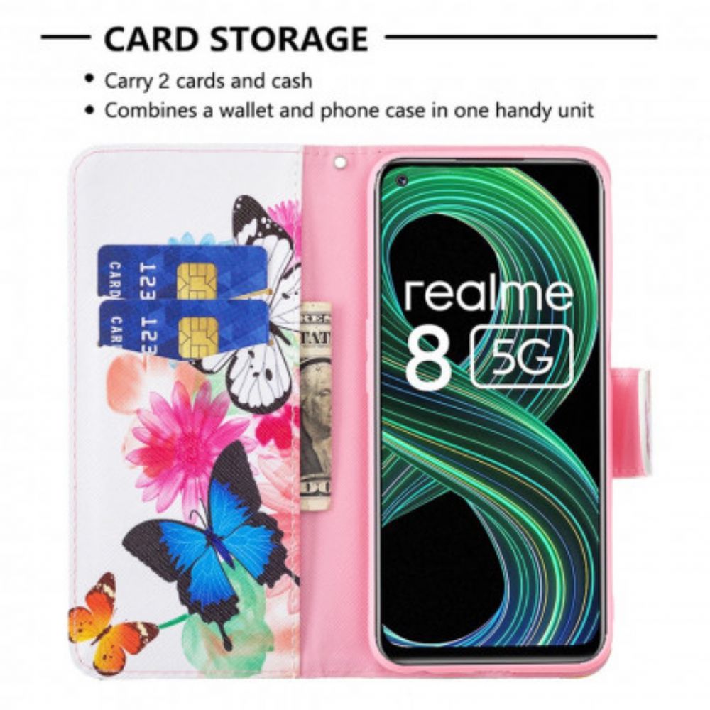 Lederhüllen Für Realme 8 5G Gemalte Schmetterlinge Und Blumen