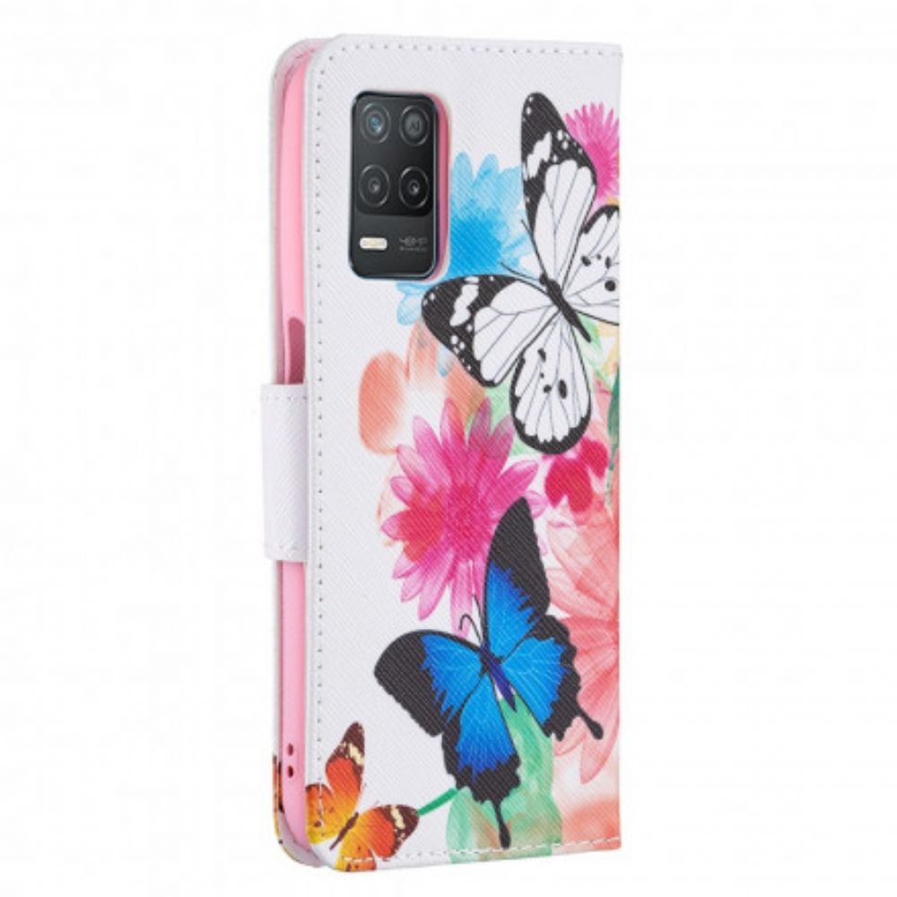Lederhüllen Für Realme 8 5G Gemalte Schmetterlinge Und Blumen