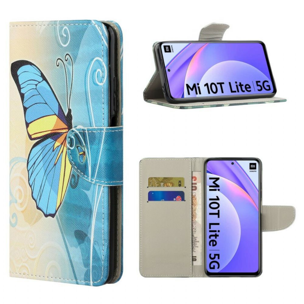 Lederhüllen Für Xiaomi Mi 10T Lite / Redmi Note 9 Pro 5G Blauer Und Gelber Schmetterling
