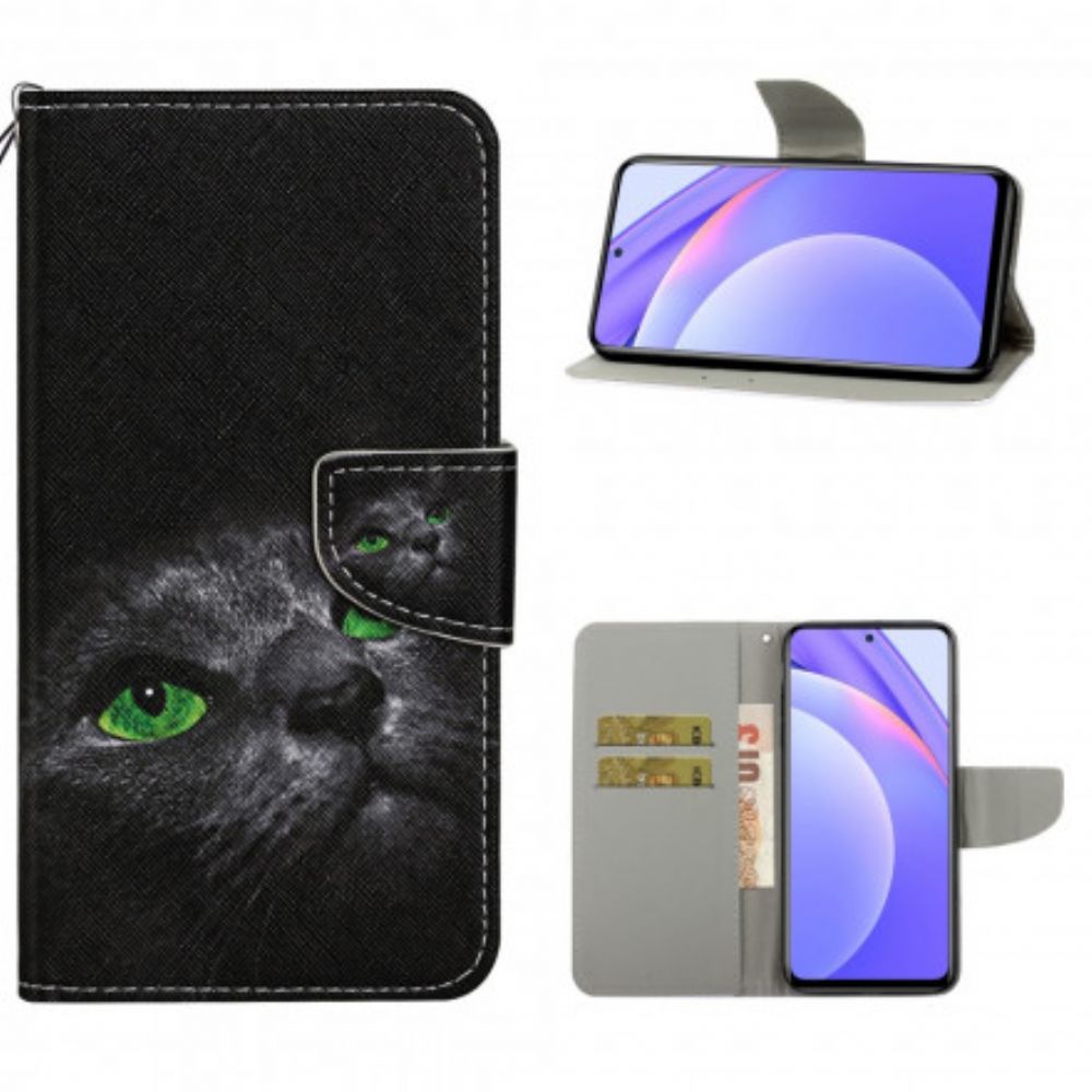 Lederhüllen Für Xiaomi Mi 10T Lite / Redmi Note 9 Pro 5G Grünäugige Katze Mit Lanyard