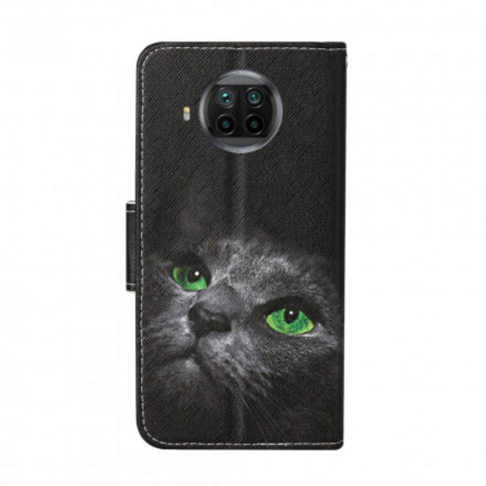 Lederhüllen Für Xiaomi Mi 10T Lite / Redmi Note 9 Pro 5G Grünäugige Katze Mit Lanyard