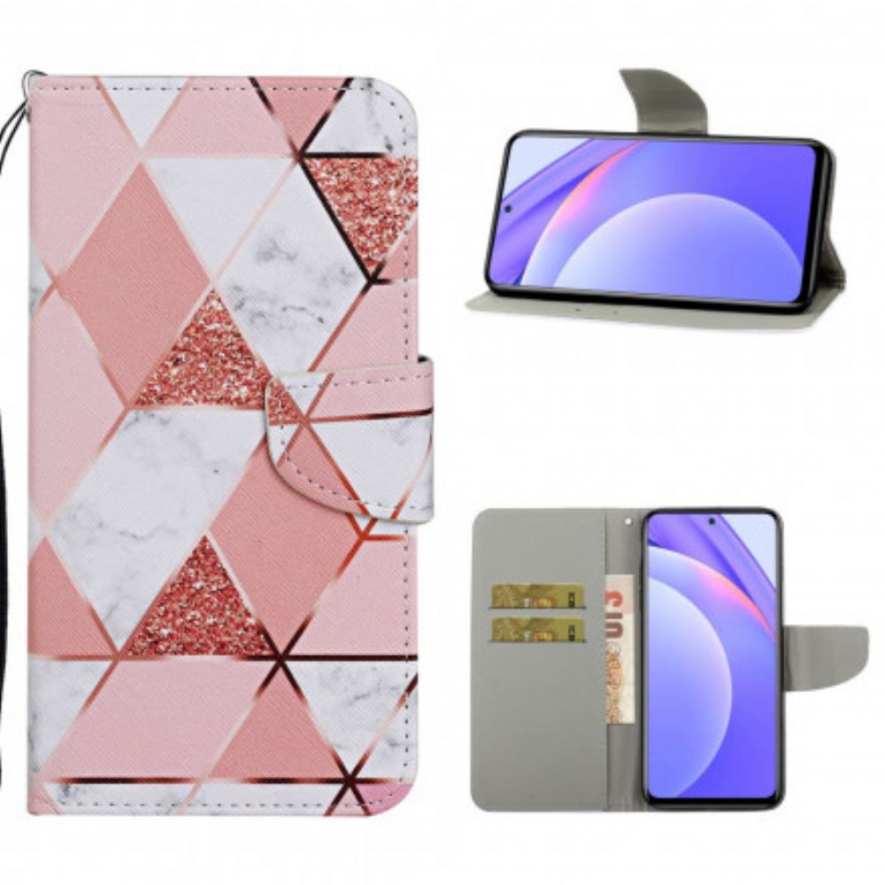 Lederhüllen Für Xiaomi Mi 10T Lite / Redmi Note 9 Pro 5G Marmor Und Glitter Mit Riemen